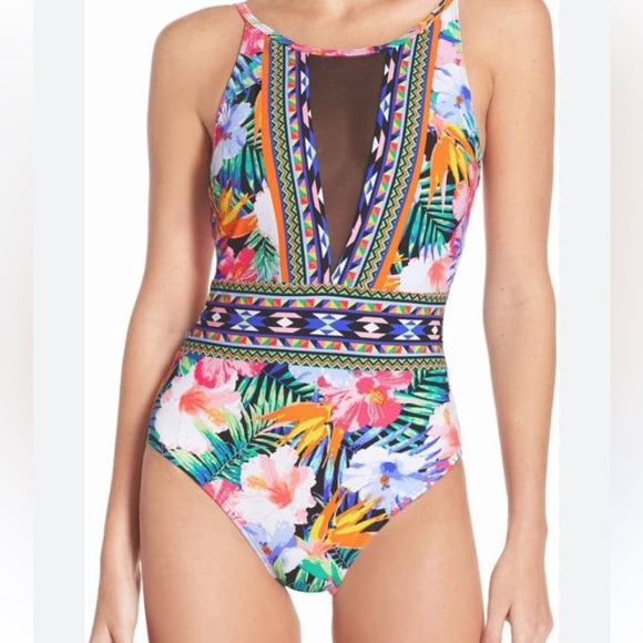 La Blance floral high neck one piece swimsuit size 12. - Picture 1 of 11